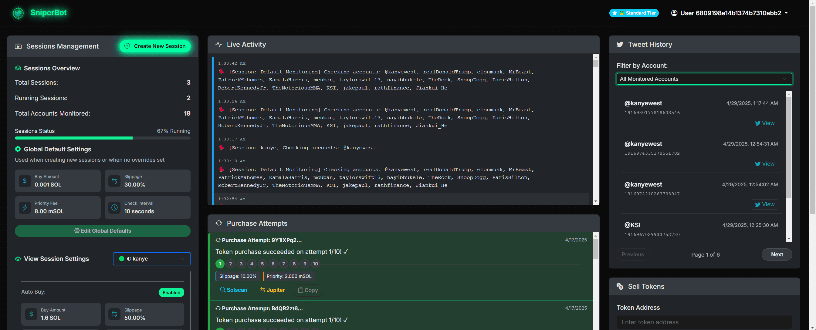 Twitter Sniper Bot Dashboard Preview